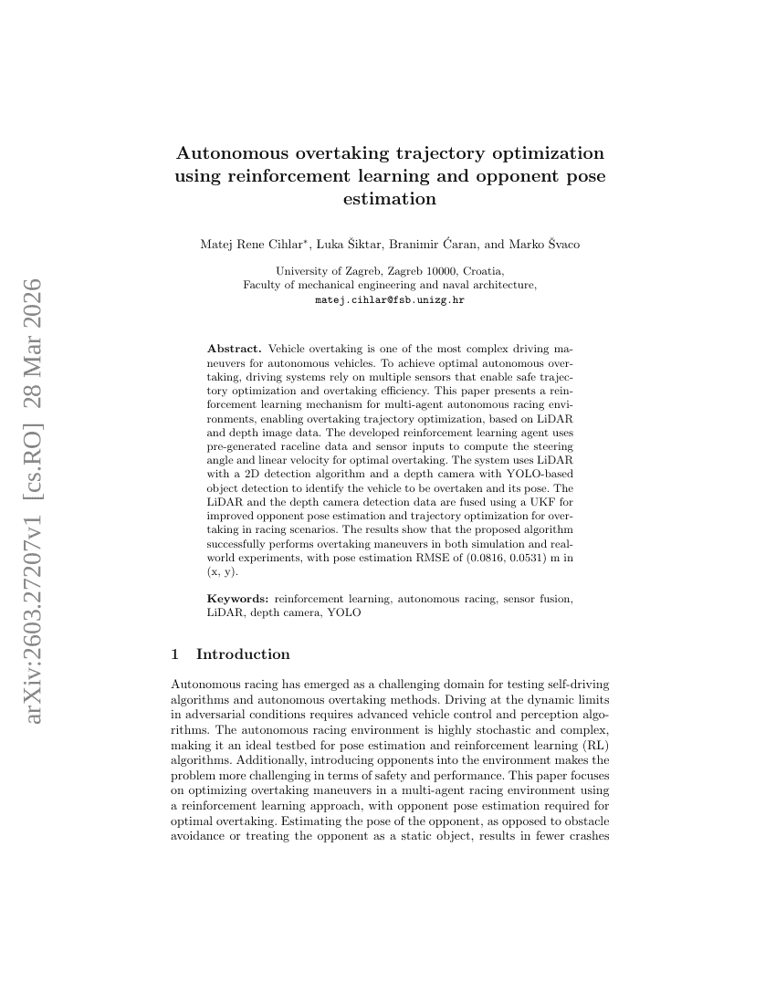 Autonomous overtaking trajectory optimization using reinforcement learning and opponent pose estimation