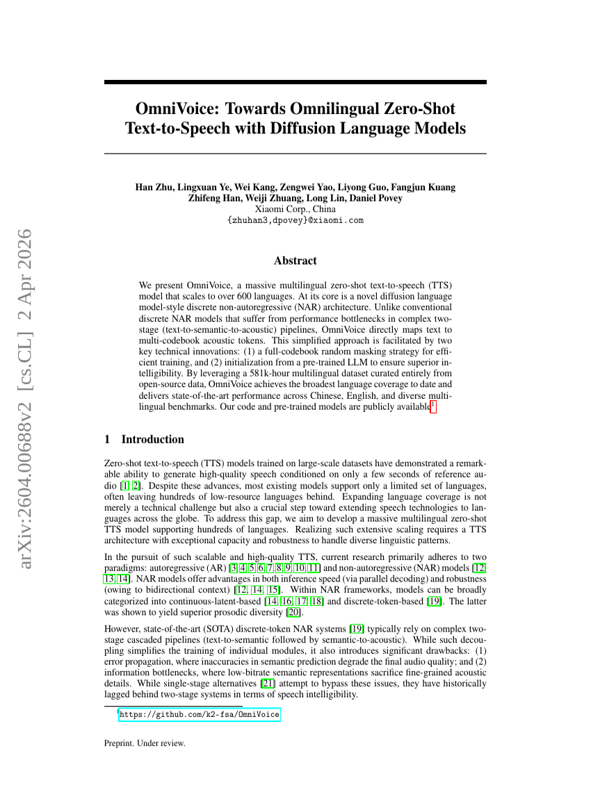OmniVoice: Towards Omnilingual Zero-Shot Text-to-Speech with Diffusion Language Models