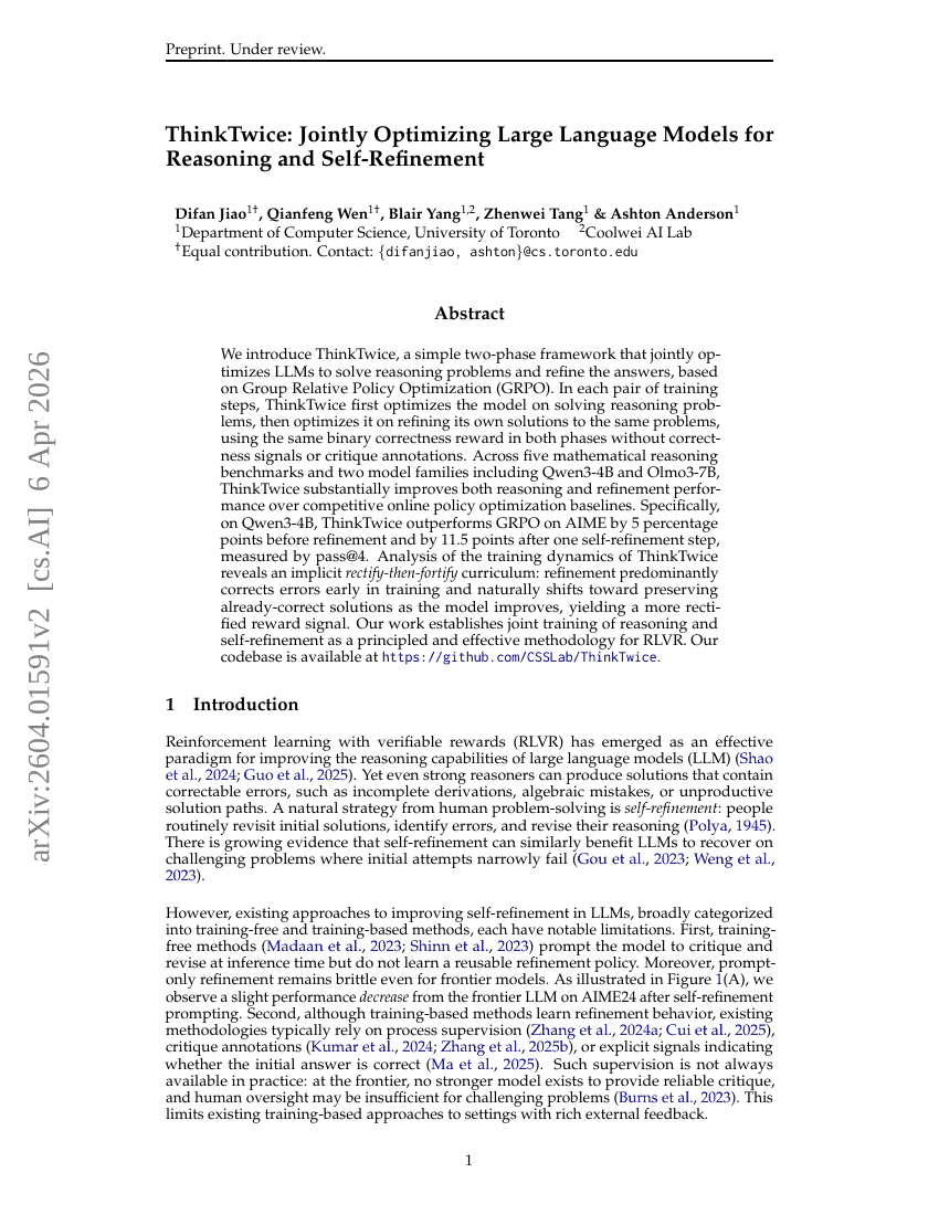 ThinkTwice: Jointly Optimizing Large Language Models for Reasoning and Self-Refinement