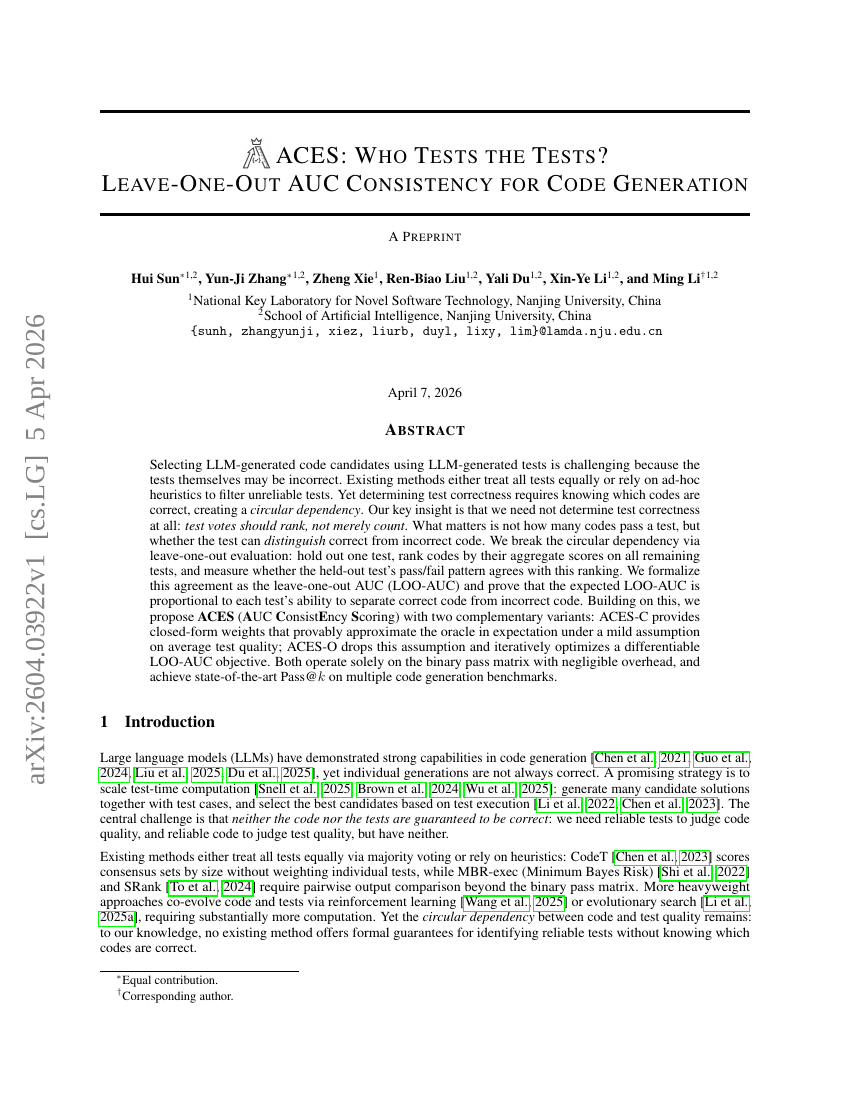 ACES: Who Tests the Tests? Leave-One-Out AUC Consistency for Code Generation
