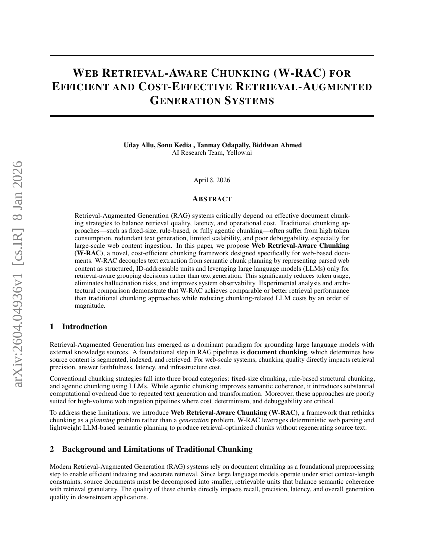 面向高效且具成本效益的 Retrieval-Augmented Generation 系统的 Web Retrieval-Aware Chunking (W-RAC) 研究