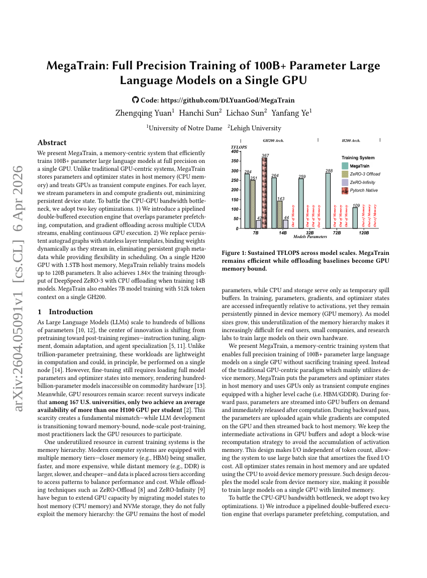 MegaTrain: Full Precision Training of 100B+ Parameter Large Language Models on a Single GPU