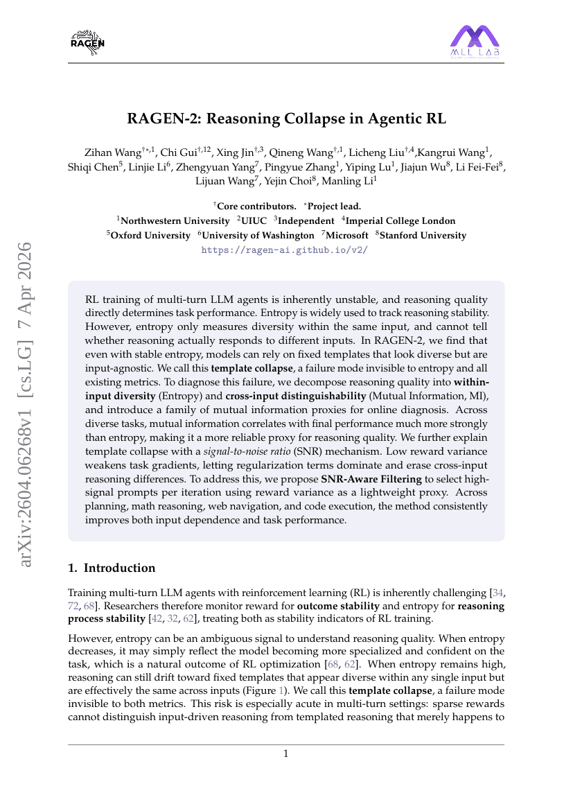RAGEN-2: Reasoning Collapse in Agentic RL
