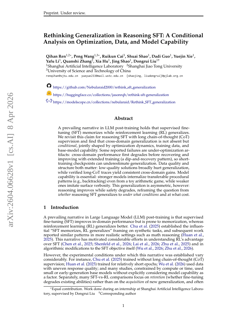 Rethinking Generalization in Reasoning SFT: A Conditional Analysis on Optimization, Data, and Model Capability