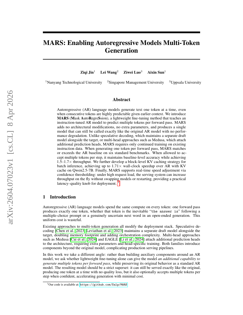 MARS: Enabling Autoregressive Models Multi-Token Generation