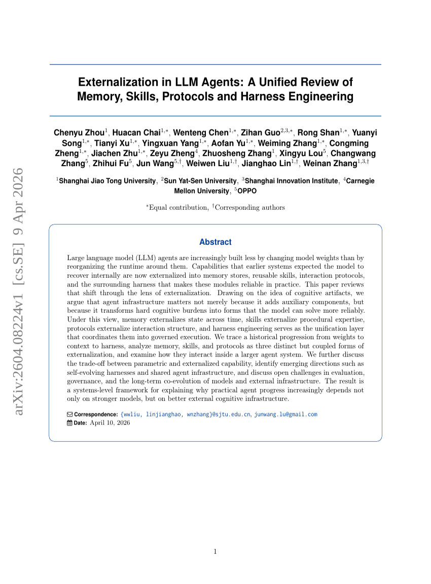 Externalization in LLM Agents: A Unified Review of Memory, Skills, Protocols and Harness Engineering
