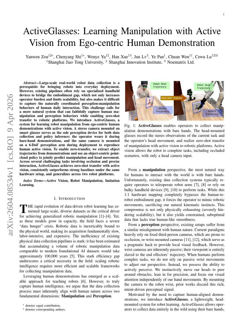 ActiveGlasses: Erlernen von Manipulation durch Active Vision aus egozentrischen menschlichen Demonstrationen