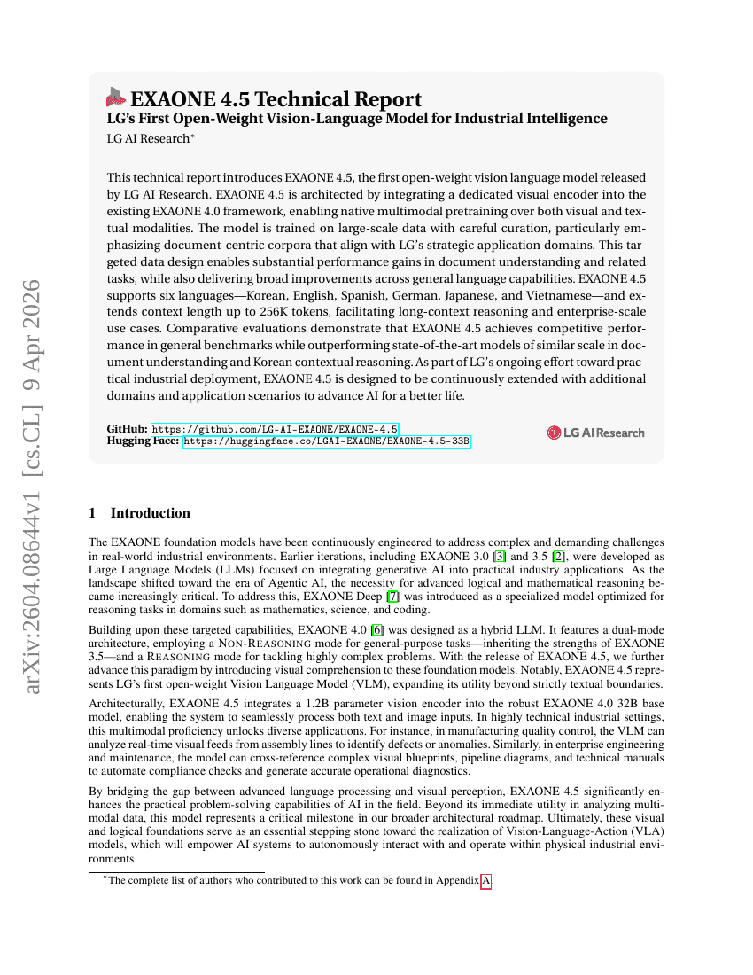 EXAONE 4.5 Technical Report