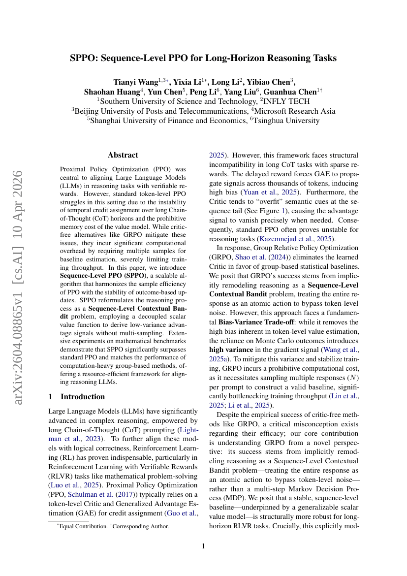 SPPO: Sequence-Level PPO for Long-Horizon Reasoning Tasks