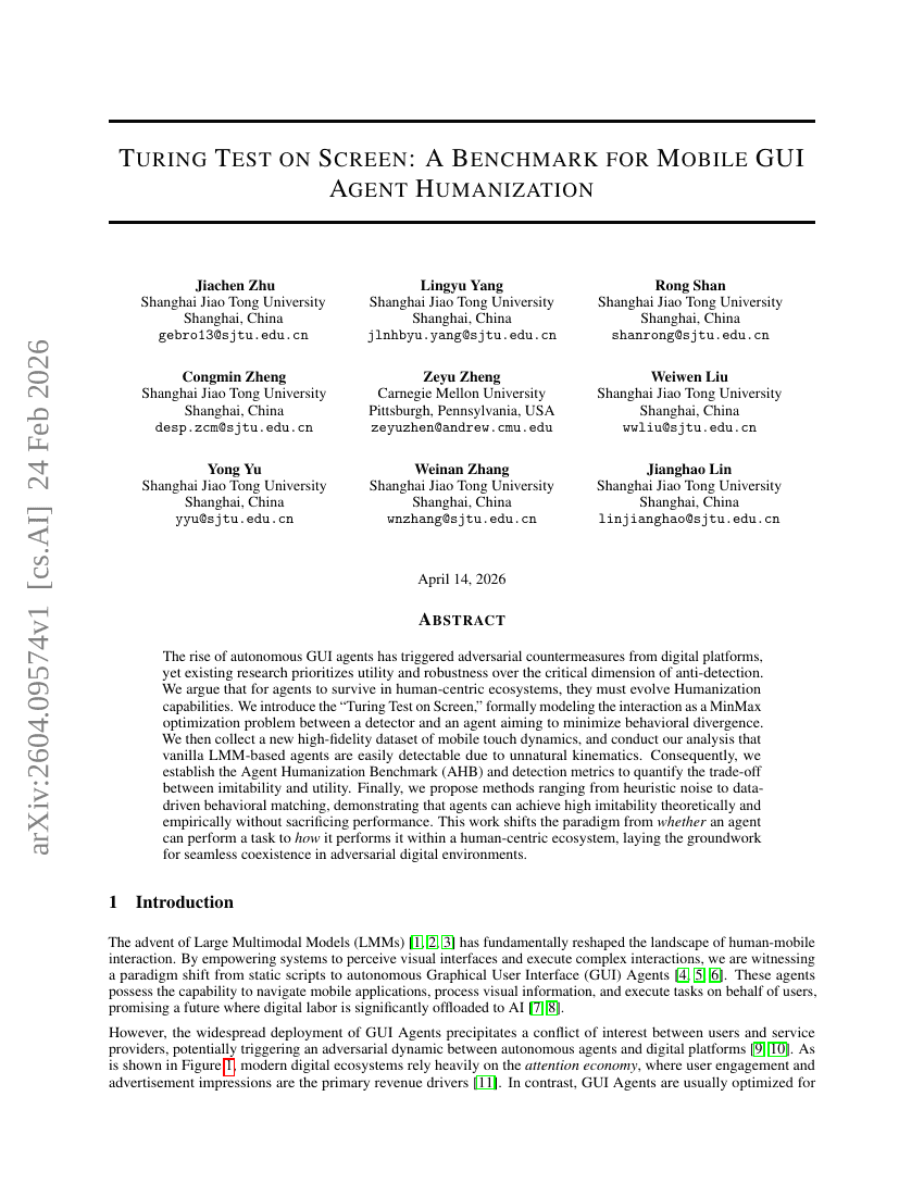 Turing Test on Screen: A Benchmark for Mobile GUI Agent Humanization