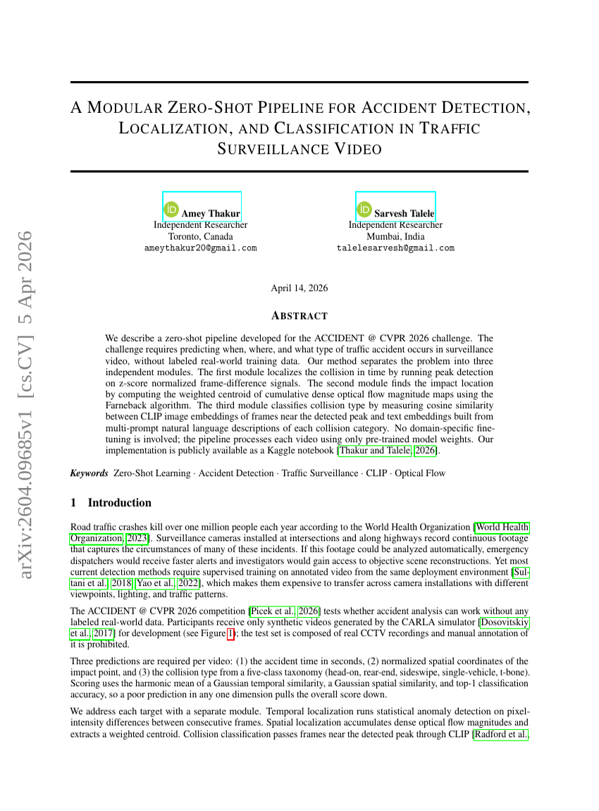 A MODULAR ZERO-SHOT PIPELINE FOR ACCIDENT DETECTION,LOCALIZATION, AND CLASSIFICATION IN TRAFFICSURVEILLANCE VIDEO