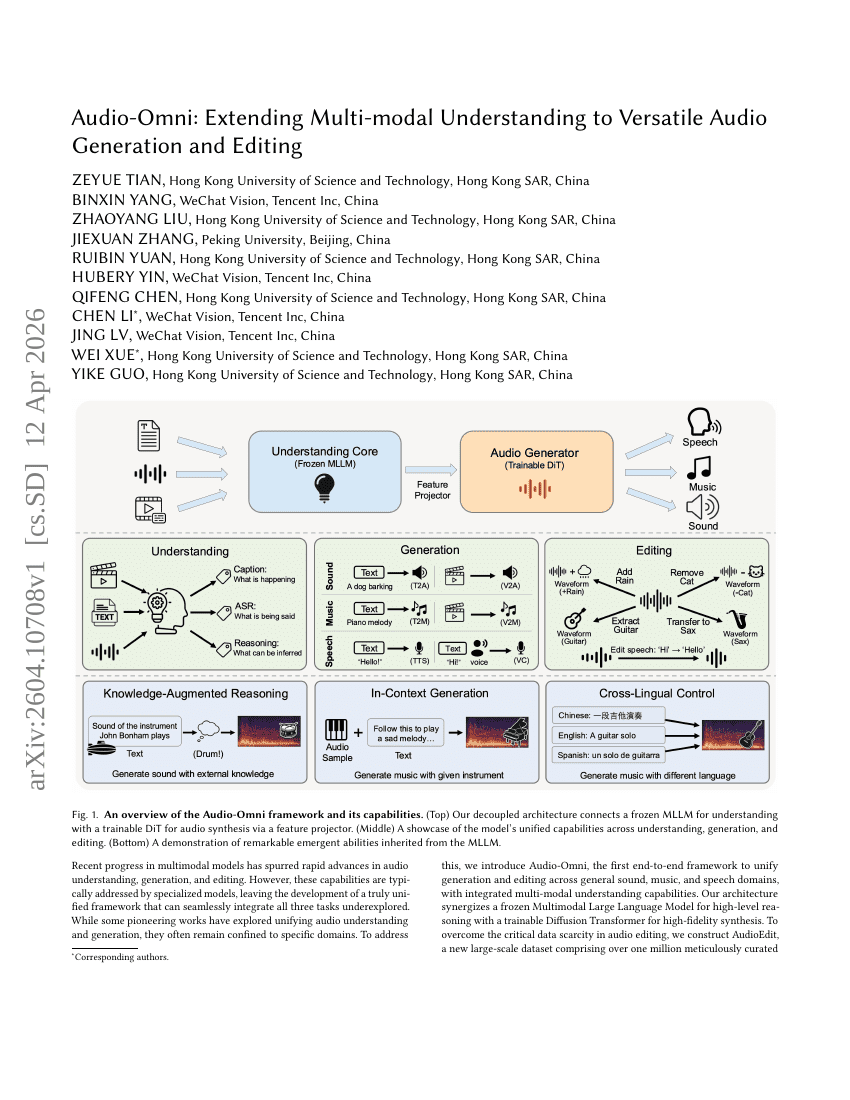 Audio-Omni: Extending Multi-modal Understanding to Versatile Audio Generation and Editing