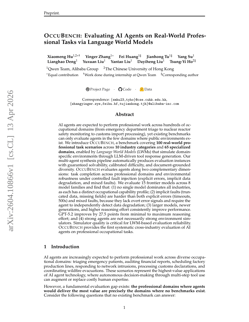 OccuBench: Evaluating AI Agents on Real-World Professional Tasks via Language World Models