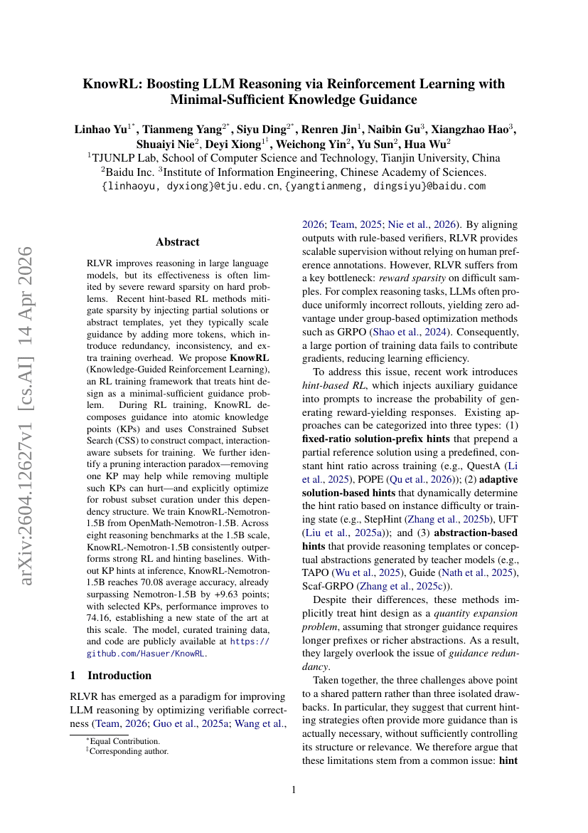 KnowRL: Boosting LLM Reasoning via Reinforcement Learning with Minimal-Sufficient Knowledge Guidance