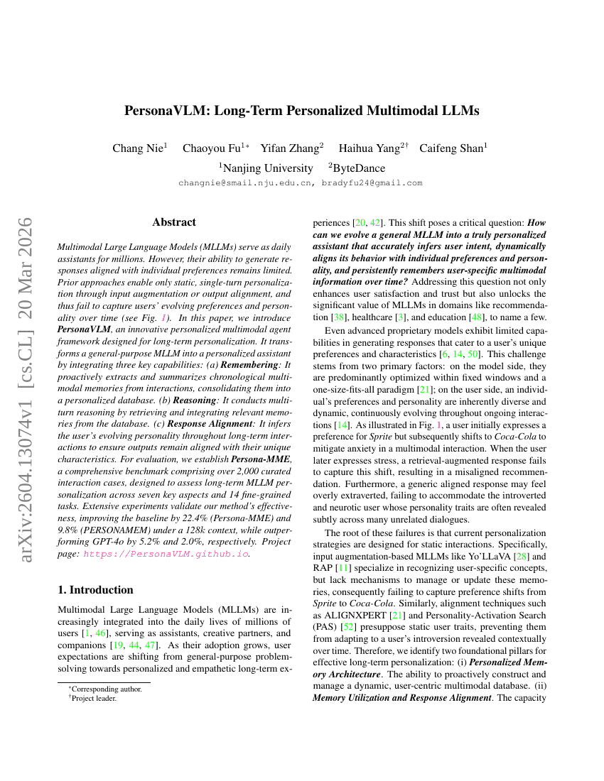PersonaVLM：长期的个性化 Multimodal LLMs