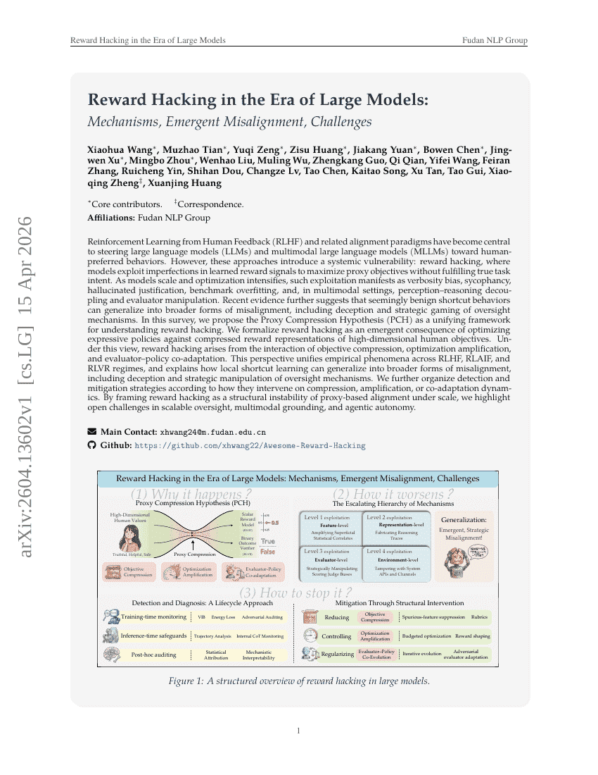Reward Hacking in the Era of Large Models: Mechanisms, Emergent Misalignment, Challenges