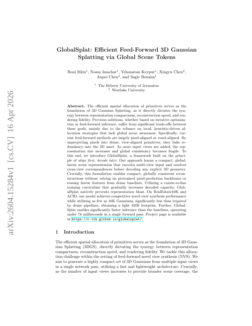 GlobalSplat: Efficient Feed-Forward 3D Gaussian Splatting via Global Scene Tokens