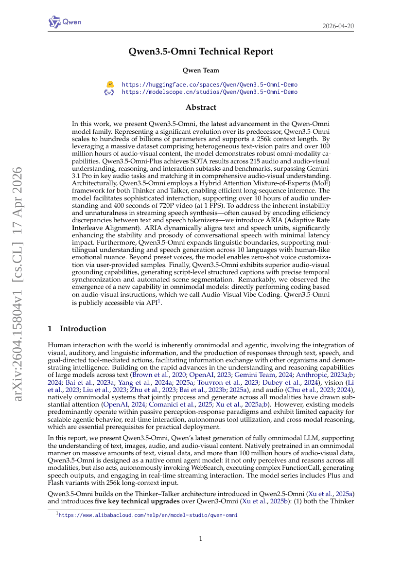 Qwen3.5-Omni 技术报告