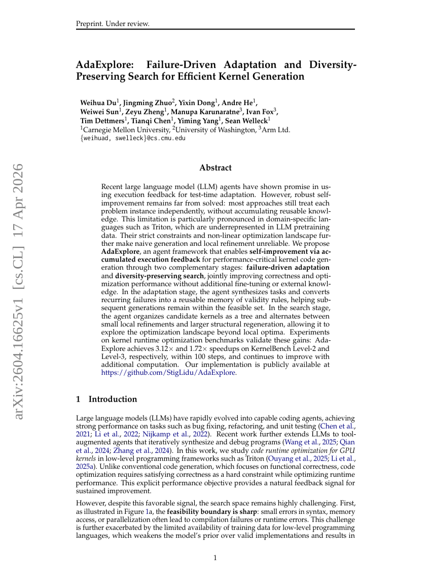 AdaExplore: Failure-Driven Adaptation and Diversity-Preserving Search for Efficient Kernel Generation