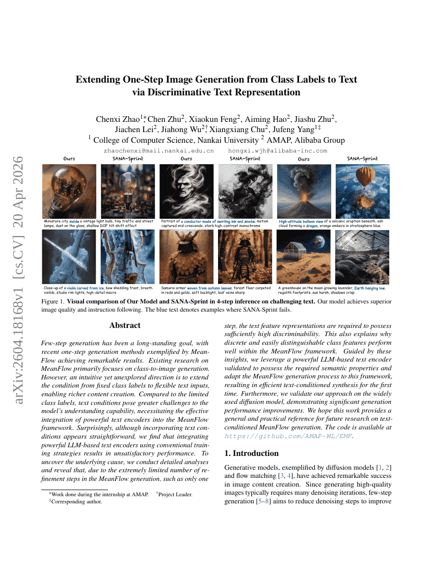 Extending One-Step Image Generation from Class Labels to Text via Discriminative Text Representation