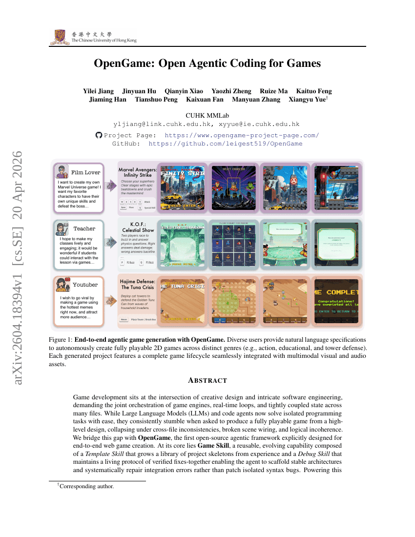 OpenGame: Open Agentic Coding for Games