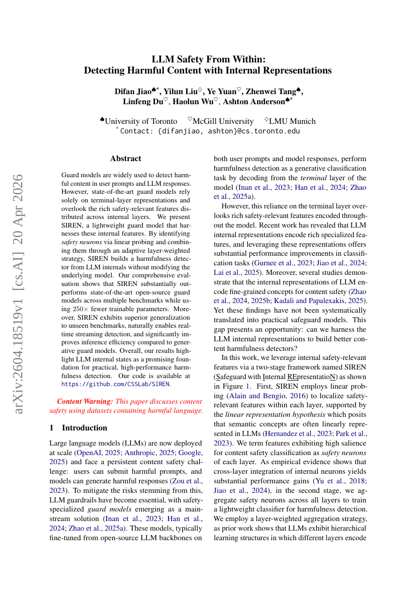 LLM Safety From Within: Detecting Harmful Content with Internal Representations