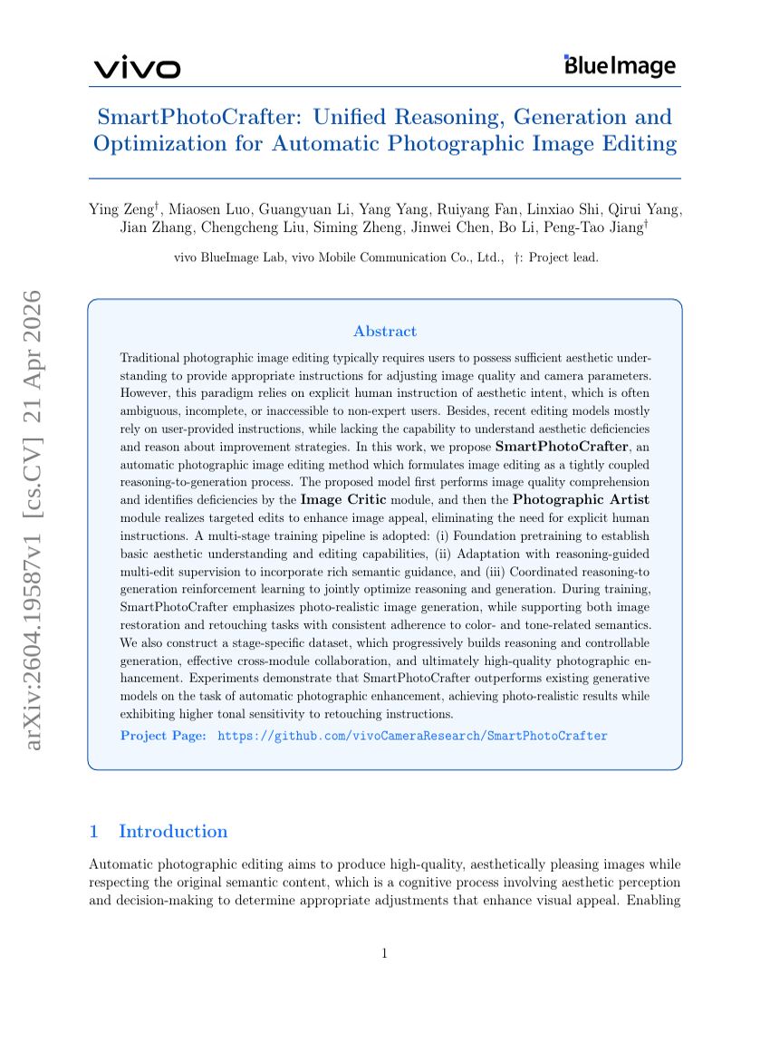 SmartPhotoCrafter: Unified Reasoning, Generation and Optimization for Automatic Photographic Image Editing