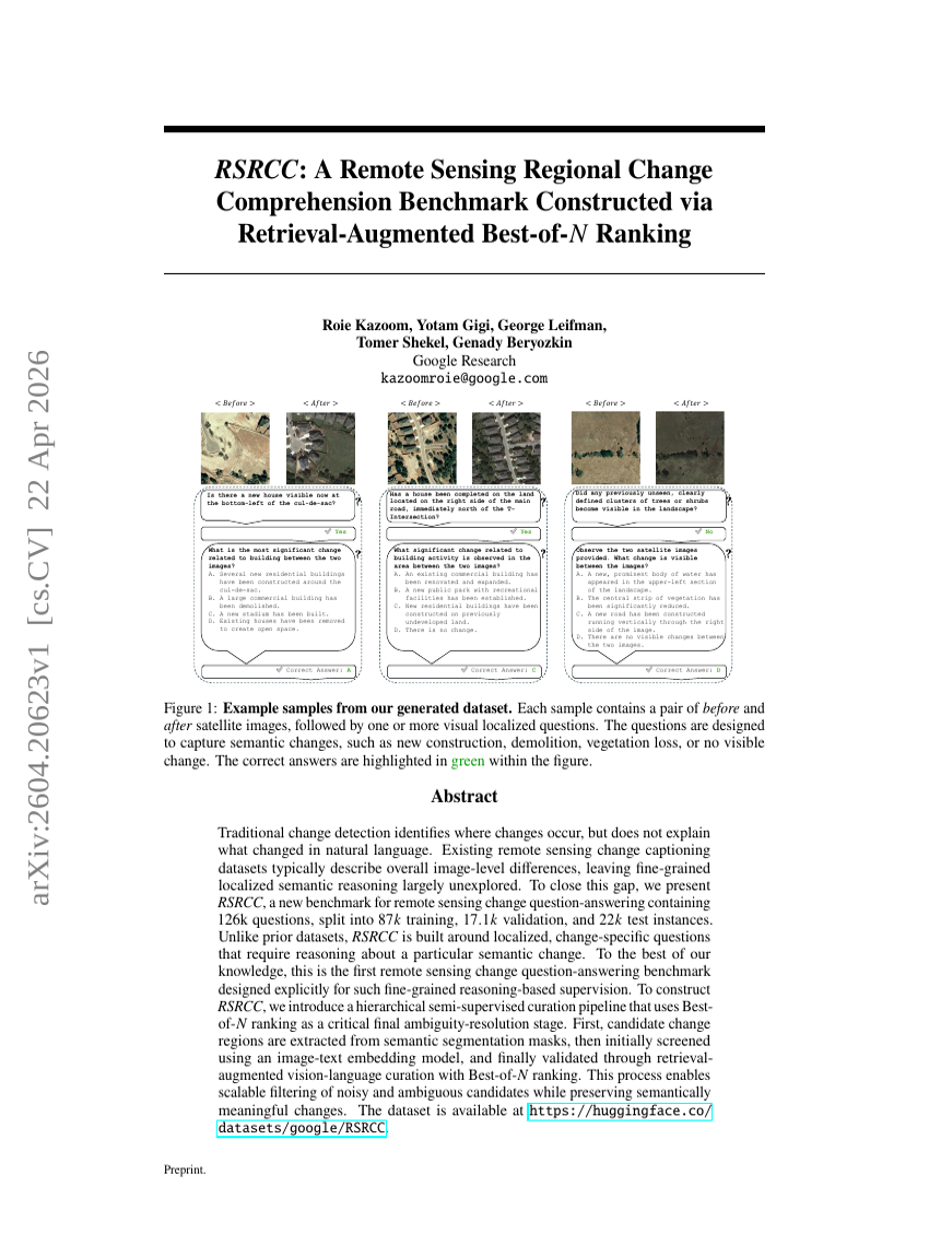 RSRCC: A Remote Sensing Regional Change Comprehension Benchmark Constructed via Retrieval-Augmented Best-of-N Ranking