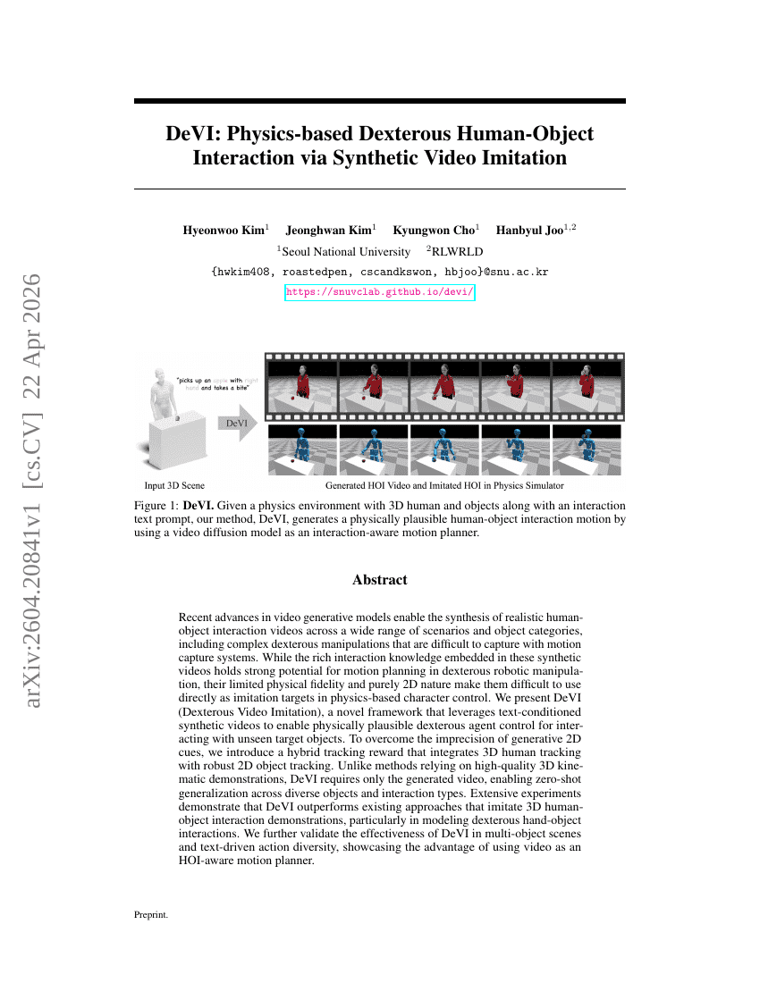 DeVI: Physics-based Dexterous Human-Object Interaction via Synthetic Video Imitation
