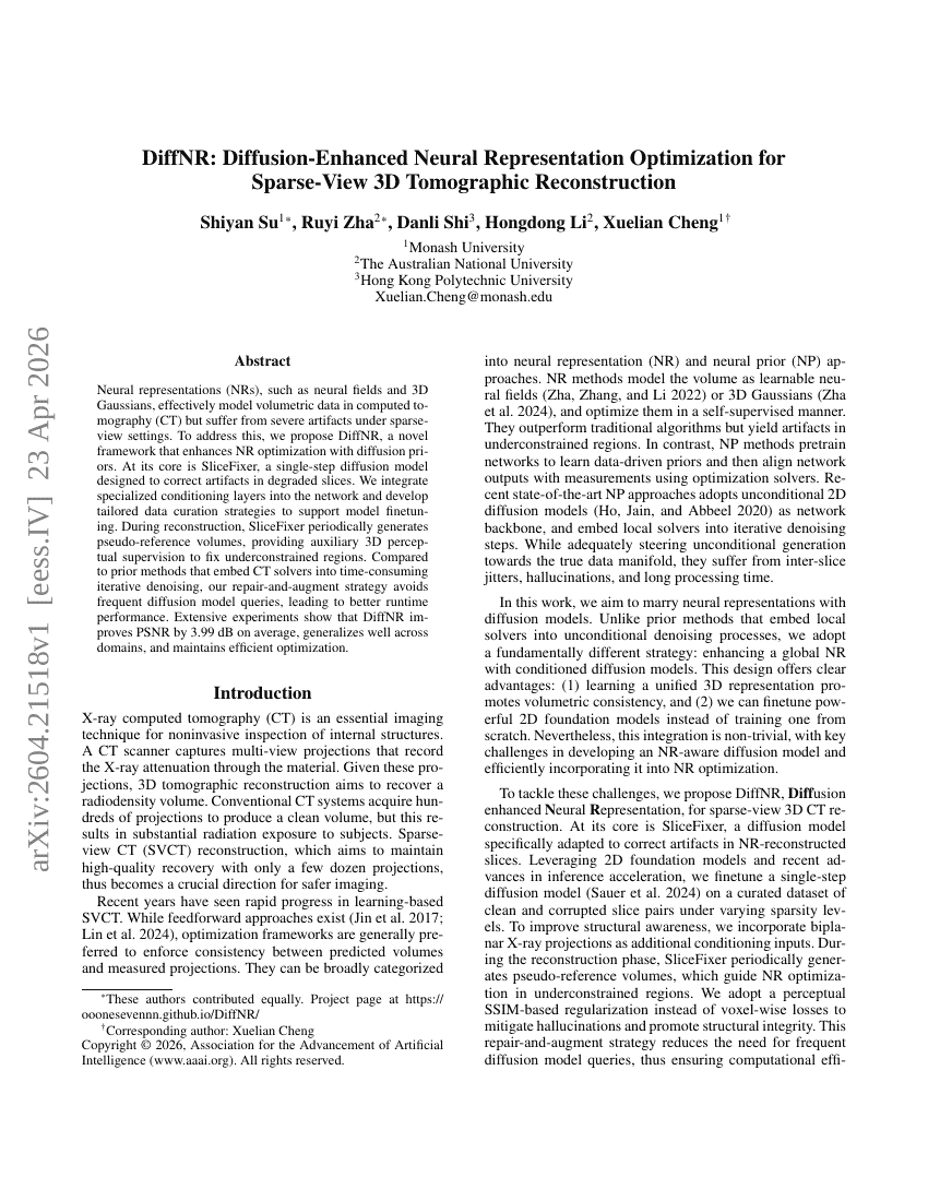 DiffNR: Diffusion-Enhanced Neural Representation Optimization for Sparse-View 3D Tomographic Reconstruction