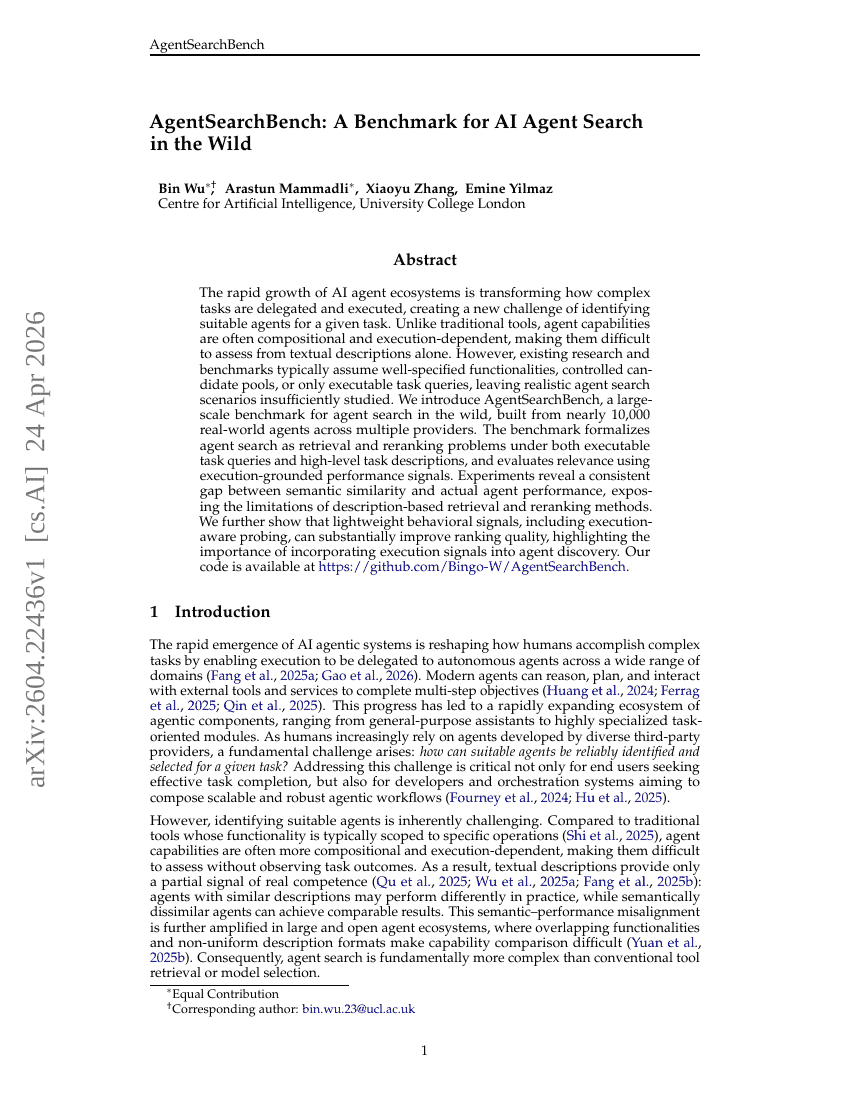 AgentSearchBench: A Benchmark for AI Agent Search in the Wild