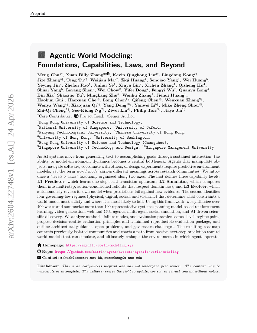 Agentic World Modeling: Foundations, Capabilities, Laws, and Beyond