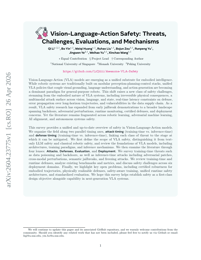 Vision-Language-Action Safety: Threats, Challenges, Evaluations, and Mechanisms
