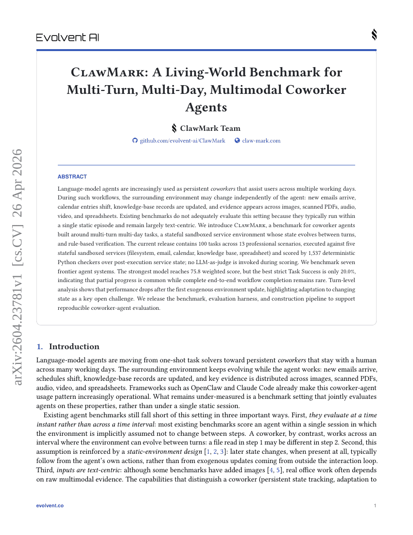 ClawMark: A Living-World Benchmark for Multi-Turn, Multi-Day, Multimodal Coworker Agents