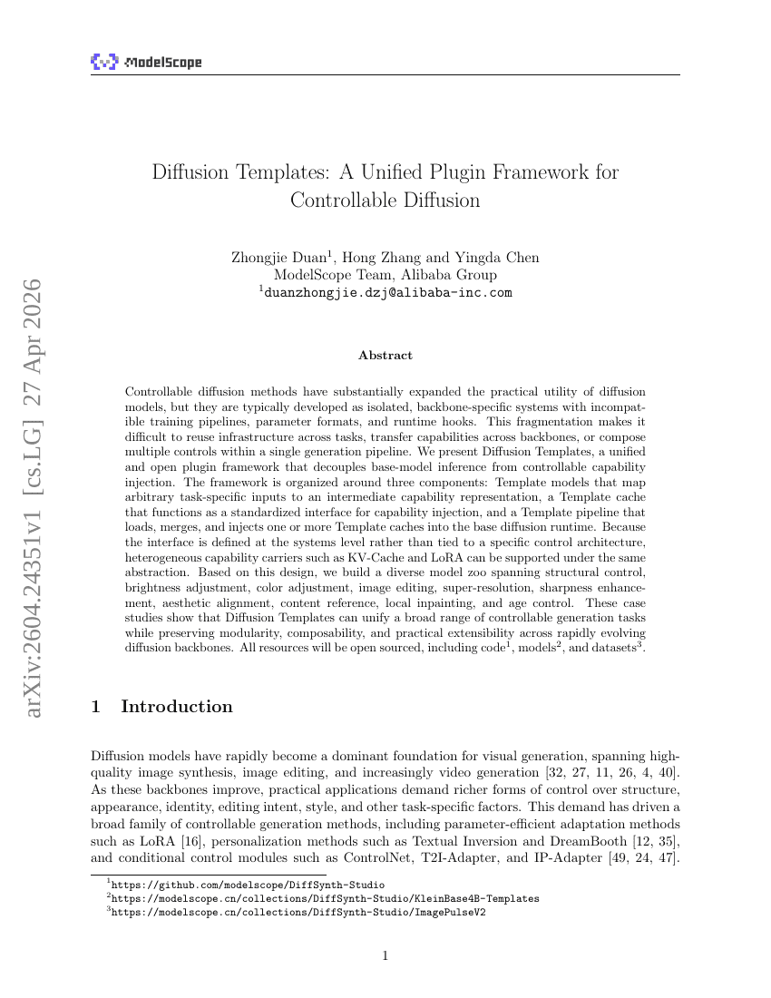 Diffusion Templates: A Unified Plugin Framework for Controllable Diffusion