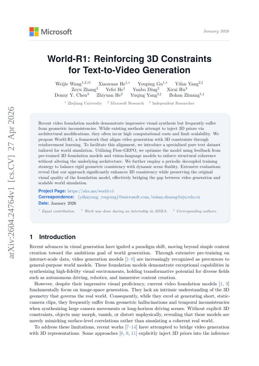 World-R1: Reinforcing 3D Constraints for Text-to-Video Generation