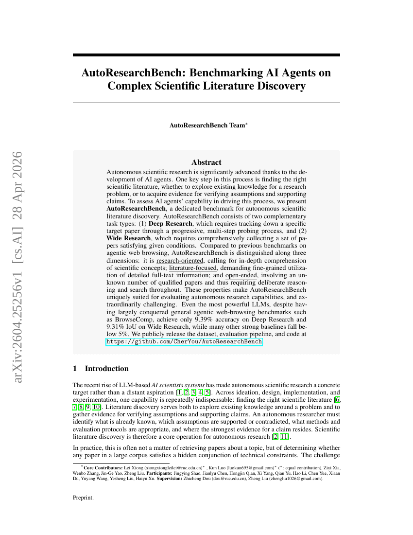 AutoResearchBench: 在复杂科学文献发现中评估AI代理的基准测试