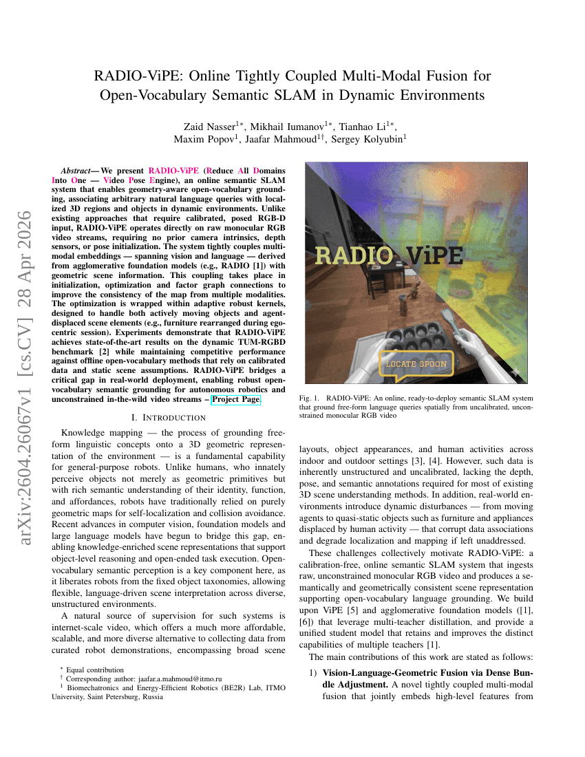 RADIO-ViPE: Online Tightly Coupled Multi-Modal Fusion for Open-Vocabulary Semantic SLAM in Dynamic Environments