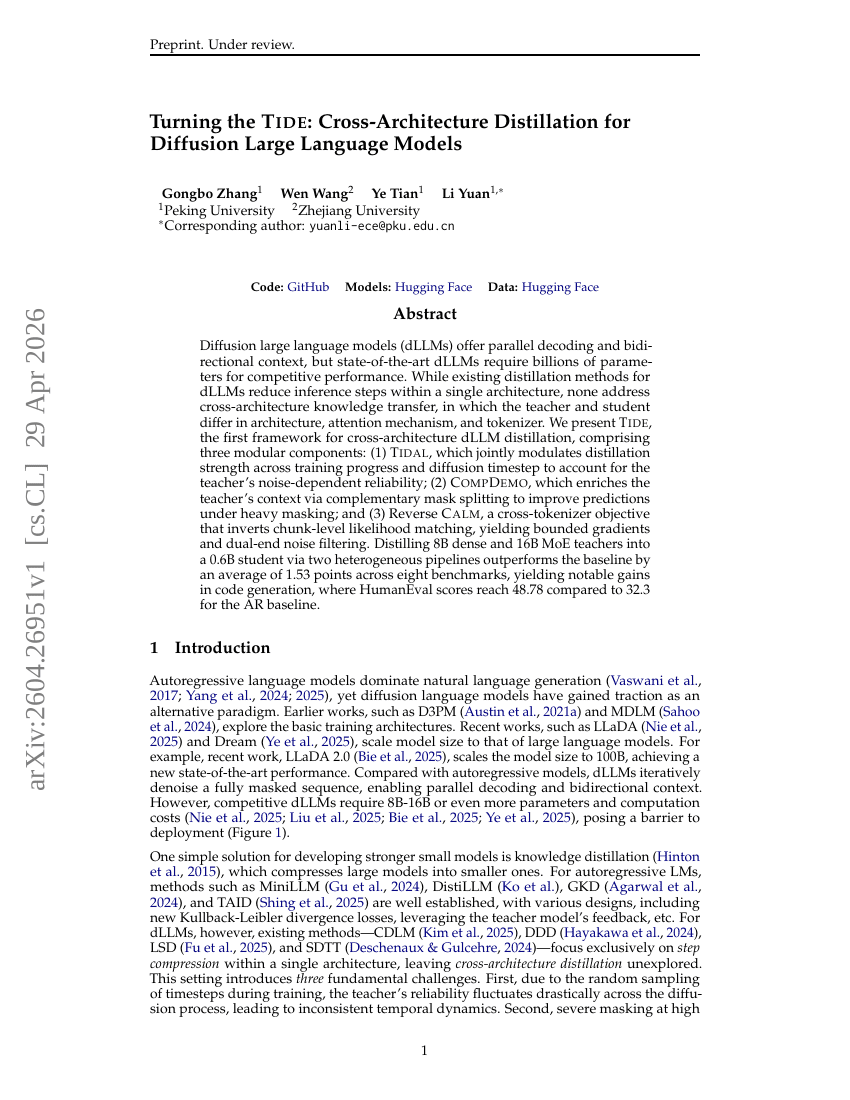 Turning the TIDE: Cross-Architecture Distillation for Diffusion Large Language Models