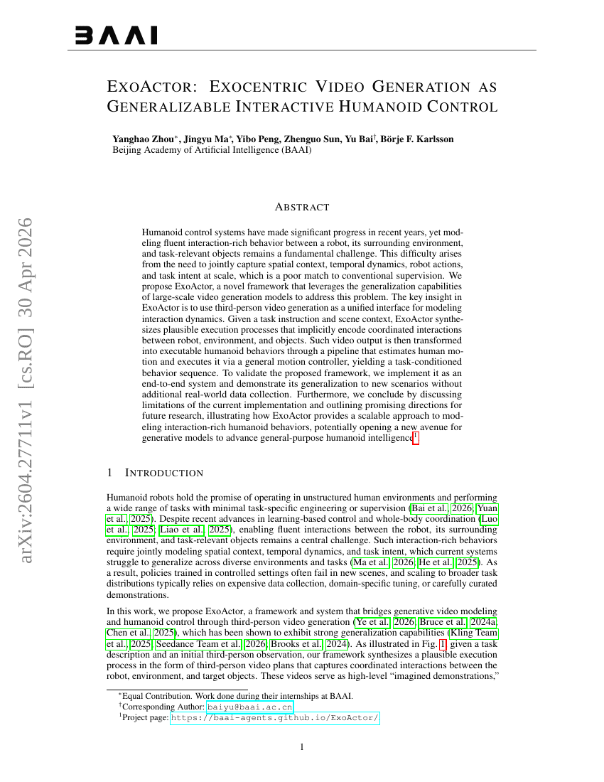ExoActor: Exocentric Video Generation as Generalizable Interactive Humanoid Control
