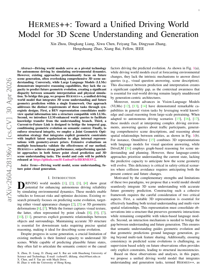 HERMES++: Toward a Unified Driving World Model for 3D Scene Understanding and Generation