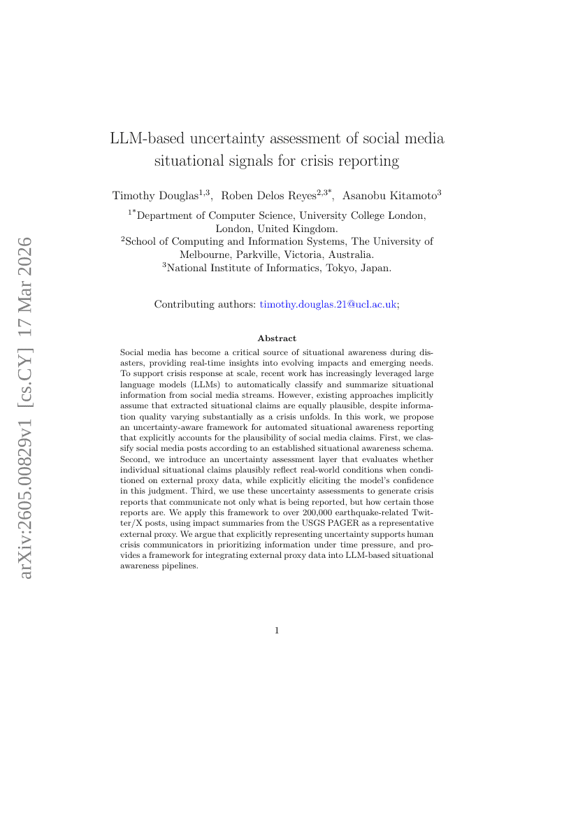 LLM-based uncertainty assessment of social media situational signals for crisis reporting