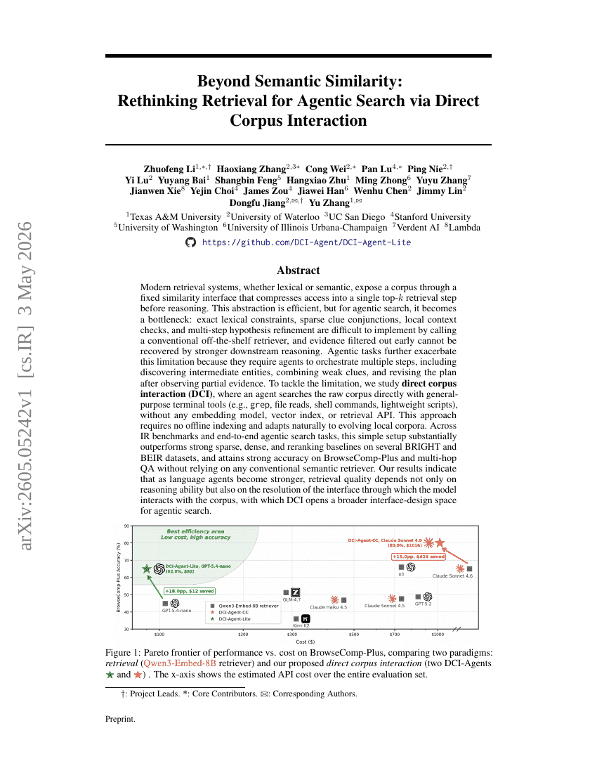 Beyond Semantic Similarity: Rethinking Retrieval for Agentic Search via Direct Corpus Interaction