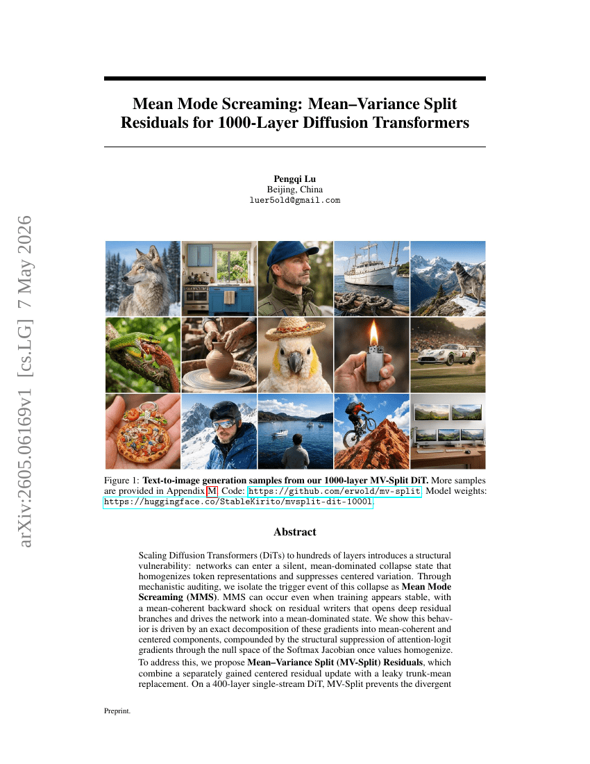 Mean Mode Screaming: Mean--Variance Split Residuals for 1000-Layer Diffusion Transformers