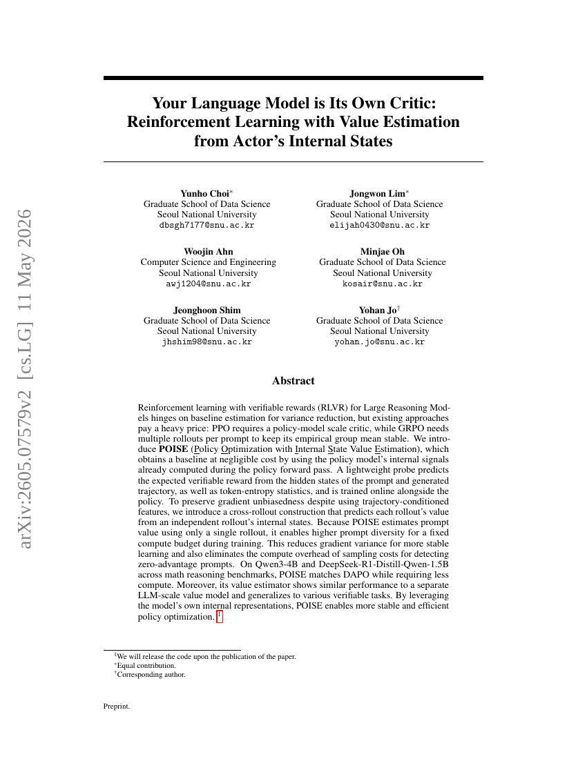 Your Language Model is Its Own Critic: Reinforcement Learning with Value Estimation from Actor's Internal States