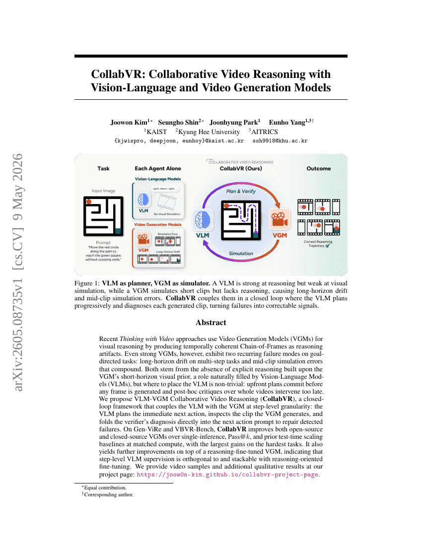 CollabVR: Collaborative Video Reasoning with Vision-Language and Video Generation Models