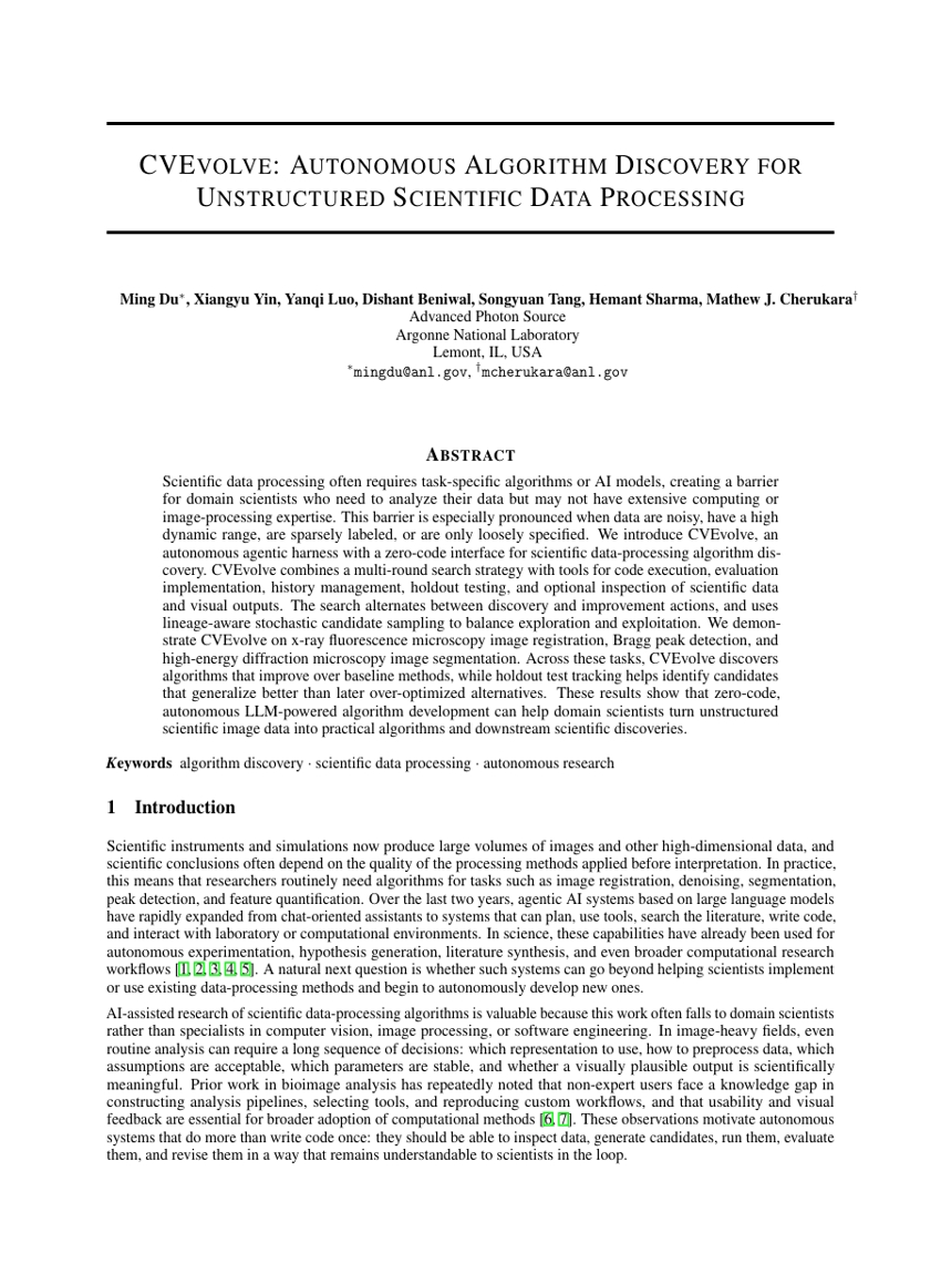 CVEvolve: Autonomous Algorithm Discovery for Unstructured Scientific Data Processing