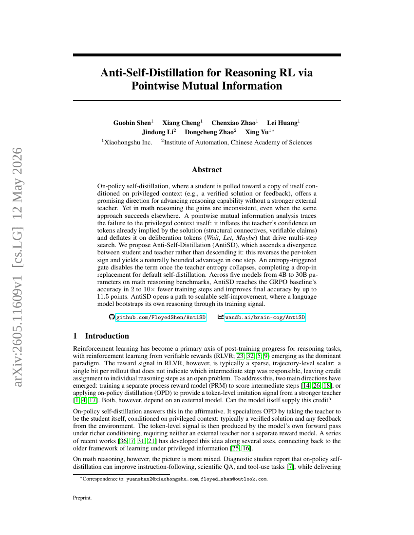 Anti-Self-Distillation for Reasoning RL via Pointwise Mutual Information