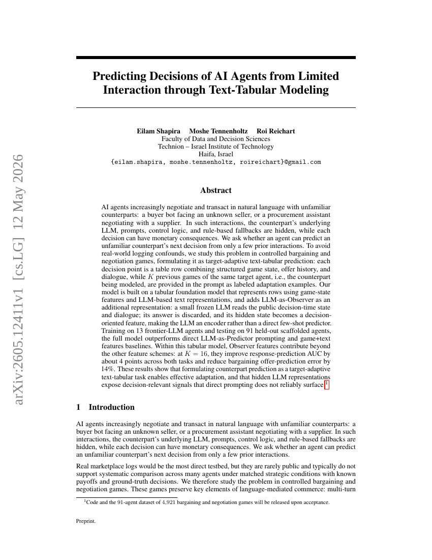 Predicting Decisions of AI Agents from Limited Interaction through Text-Tabular Modeling