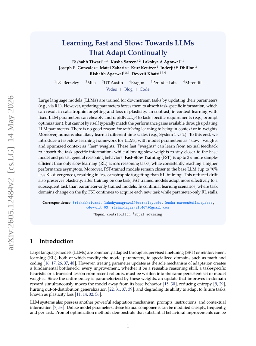 Learning, Fast and Slow: Towards LLMs That Adapt Continually